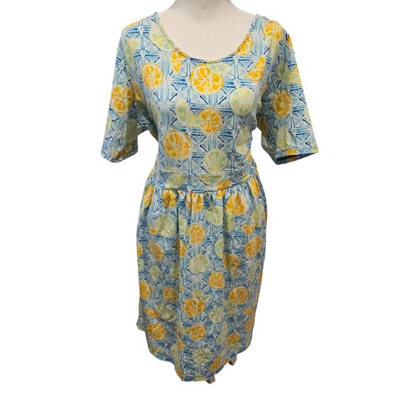 Lands’ End Fit Flare Dress Pockets Lemons Short Sleeve Stretch Comfort 1X plus - Picture 1 of 8